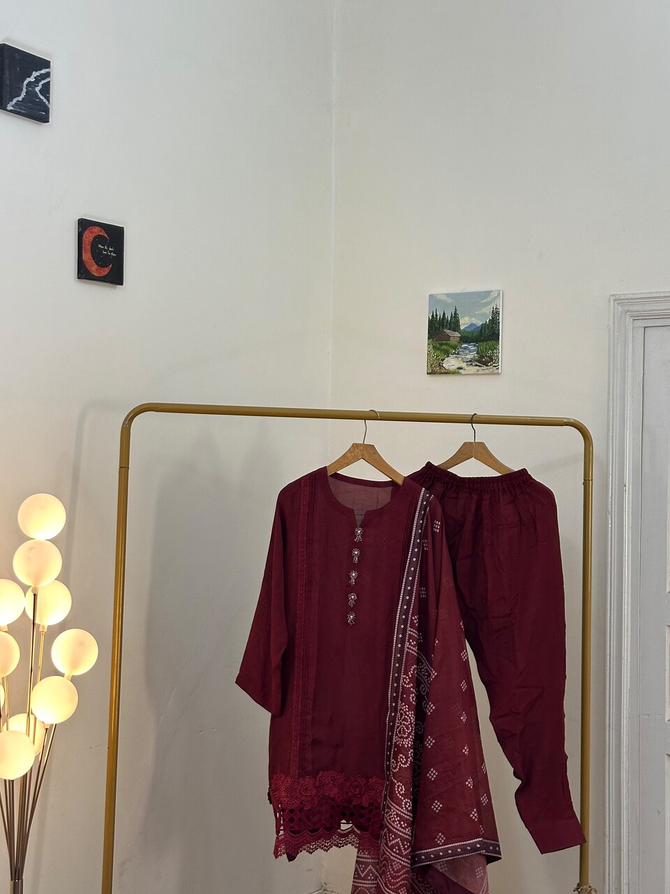 Maroon Raw Silk Suit with Lace Detailing