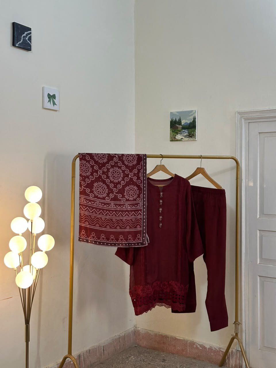 Maroon Raw Silk Suit with Lace Detailing
