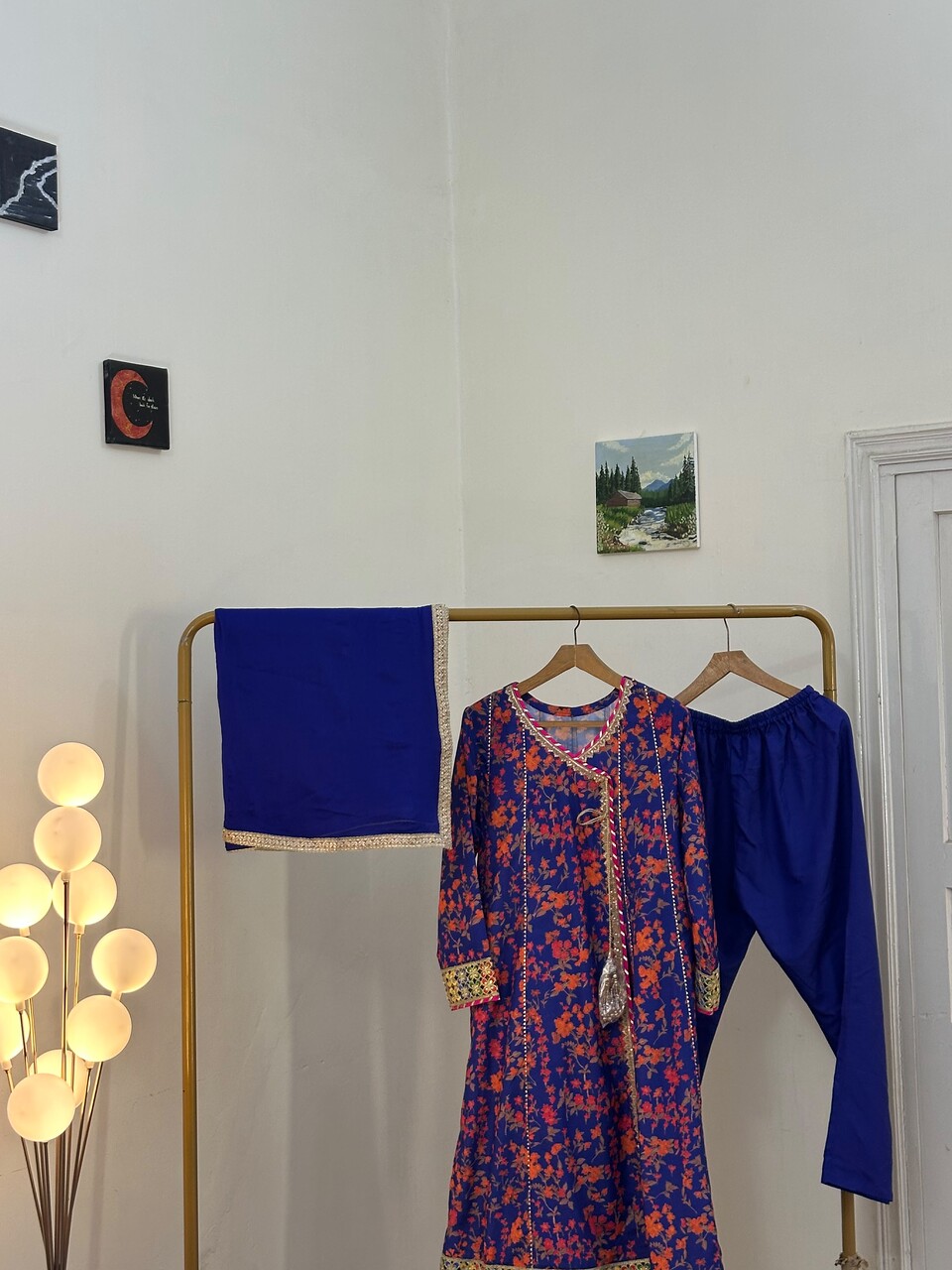 Royal Blue Floral Frock with Embroidered Border