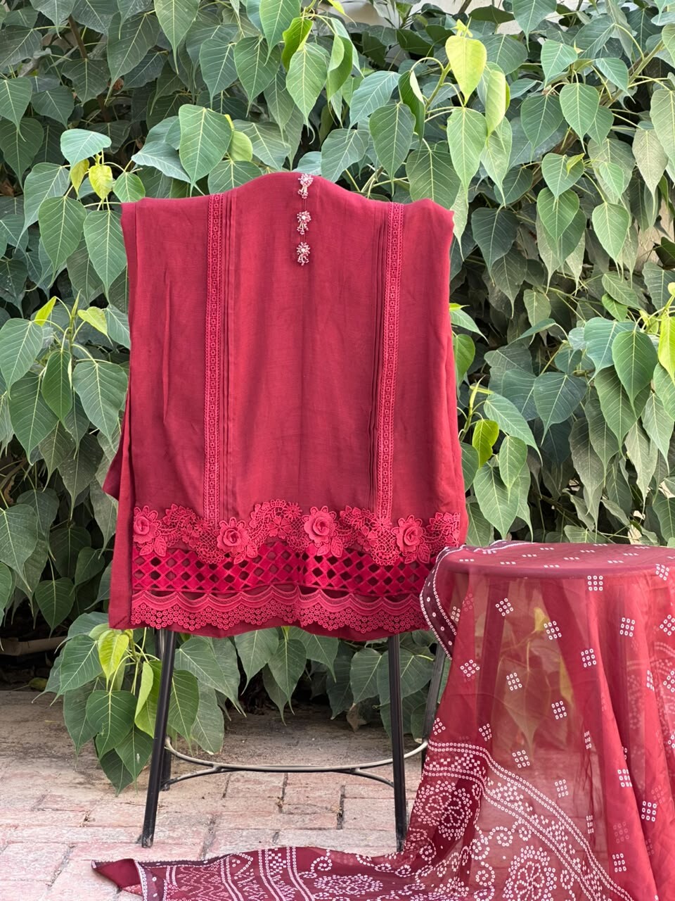 Maroon Raw Silk Suit with Lace Detailing