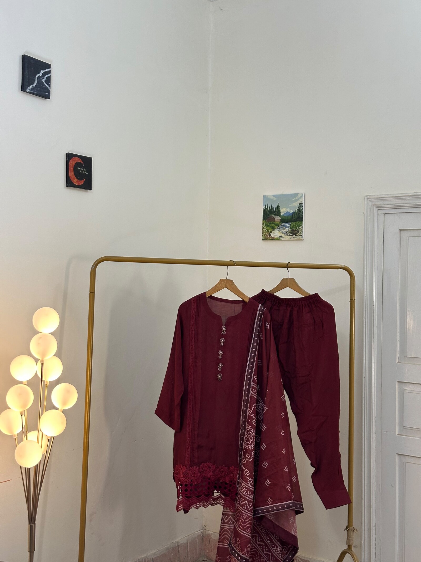 Maroon Raw Silk Suit with Lace Detailing