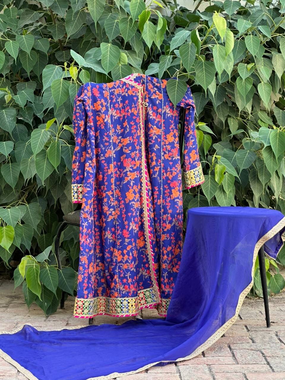Royal Blue Floral Frock with Embroidered Border