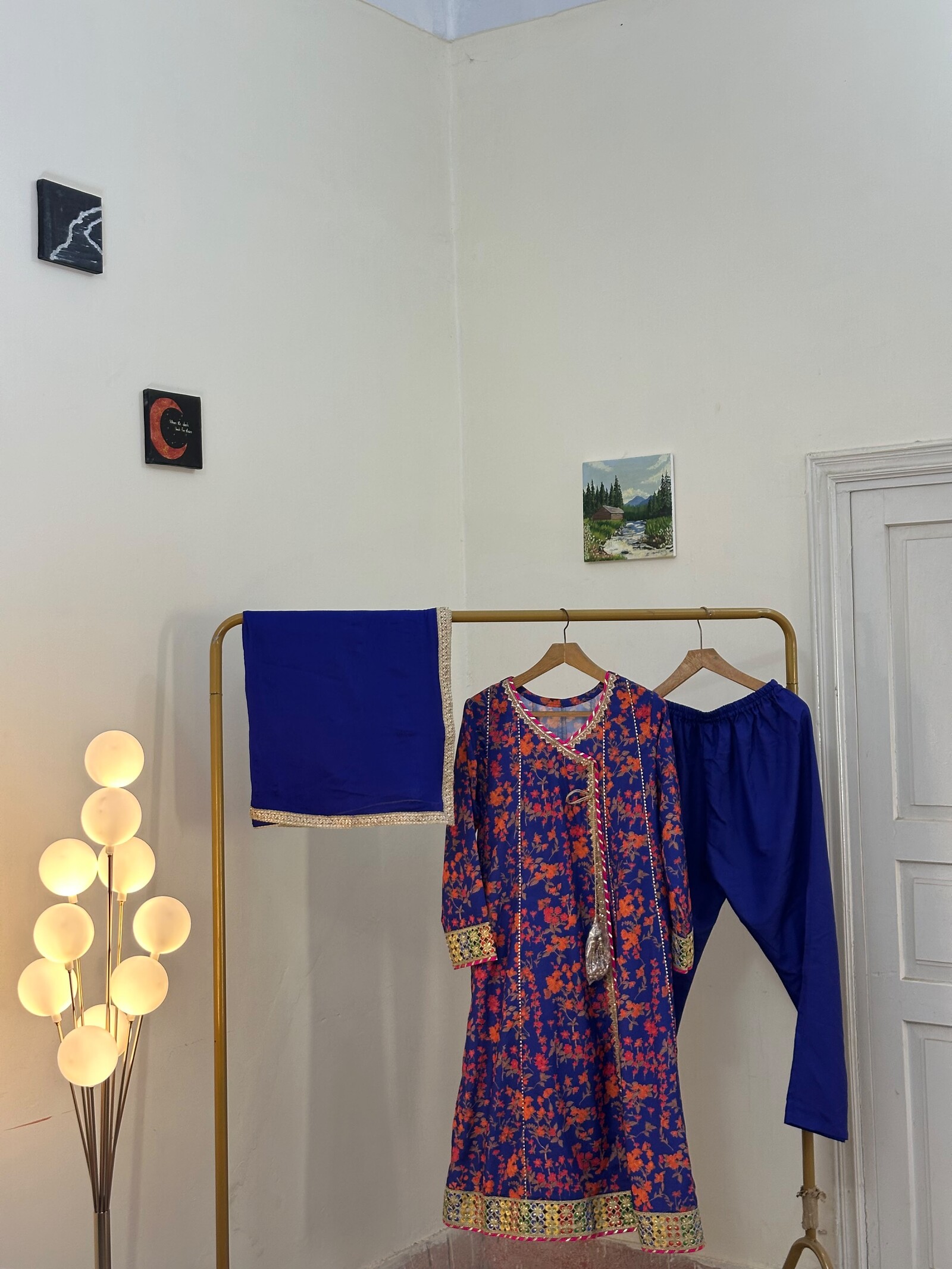 Royal Blue Floral Frock with Embroidered Border